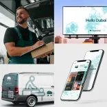 Various branding elements of DoorClick UAE, featuring mobile designs, billboard lockup, van designs, and an aesthetic social media piece.