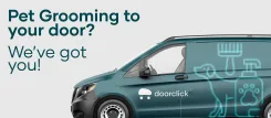 Van design with DoorClick branding, reading 'Pet Grooming to your door? We've got you!'.