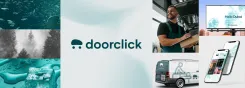 Collage of DoorClick brand assets, from colour to collaterals.