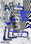 Contemporary poster design featuring a Greek statue with blue paint over the eyes, surrounded by abstract patterns and graffiti.